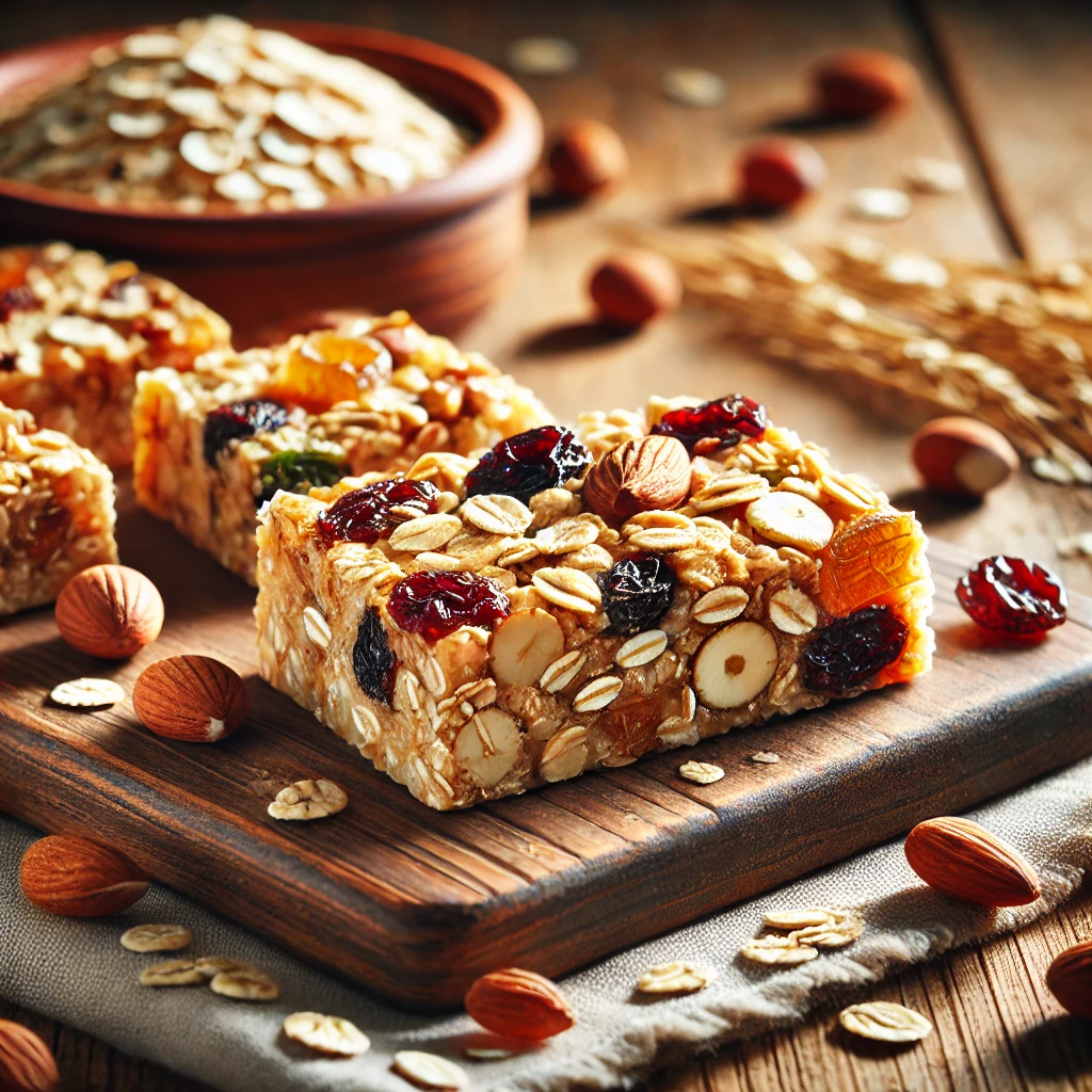 Homemade oat and nut bars with dried fruits, a chewy and wholesome choice for healthy sweet snacks.