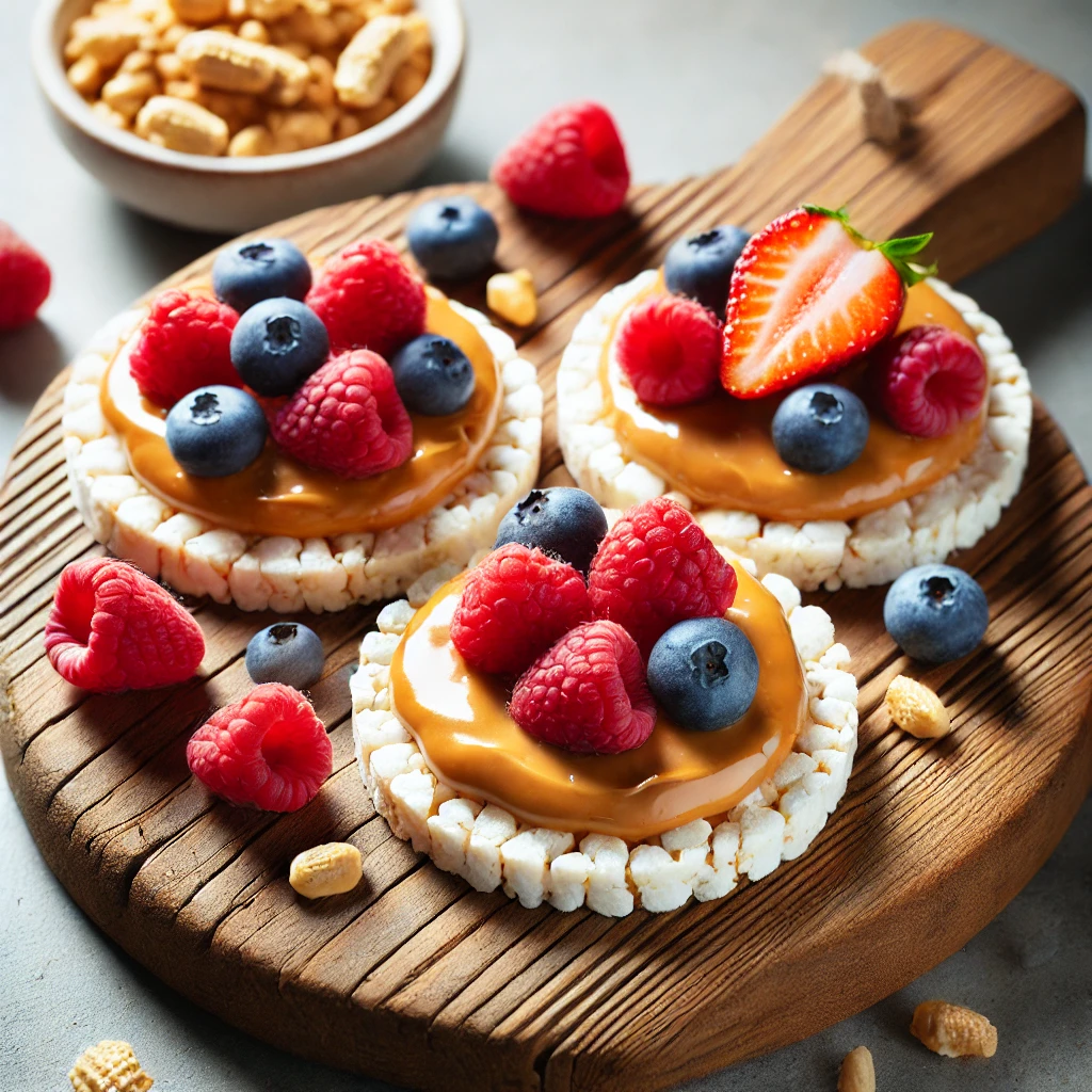 Rice cakes with peanut butter and berries, a light and crispy choice for healthy sweet snacks.