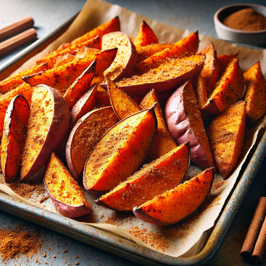 Roasted sweet potato wedges with cinnamon, a fiber-rich choice for sweet and healthy snacks.