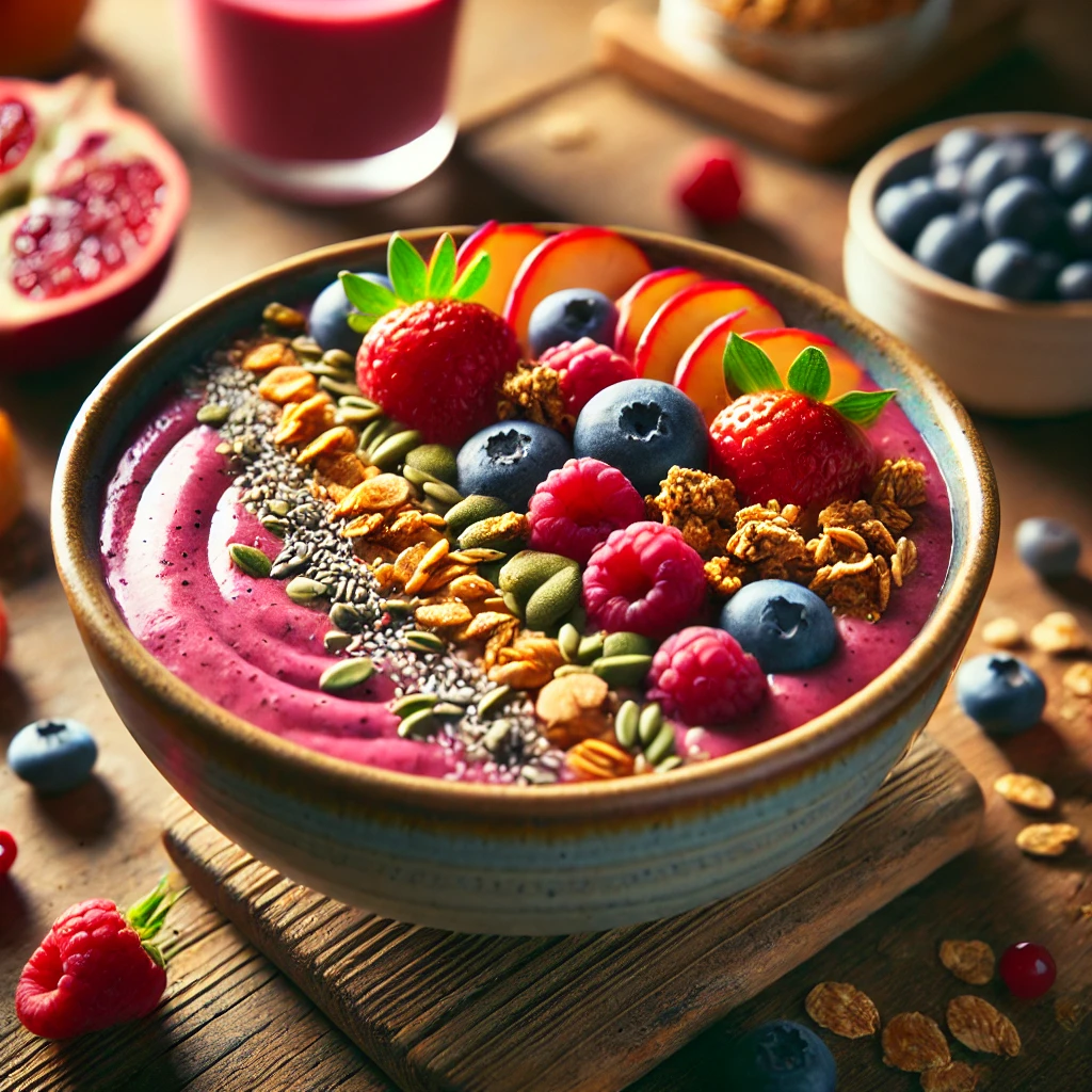 Smoothie bowl with fruits, granola, and seeds, a vibrant option for healthy sweet snacks.