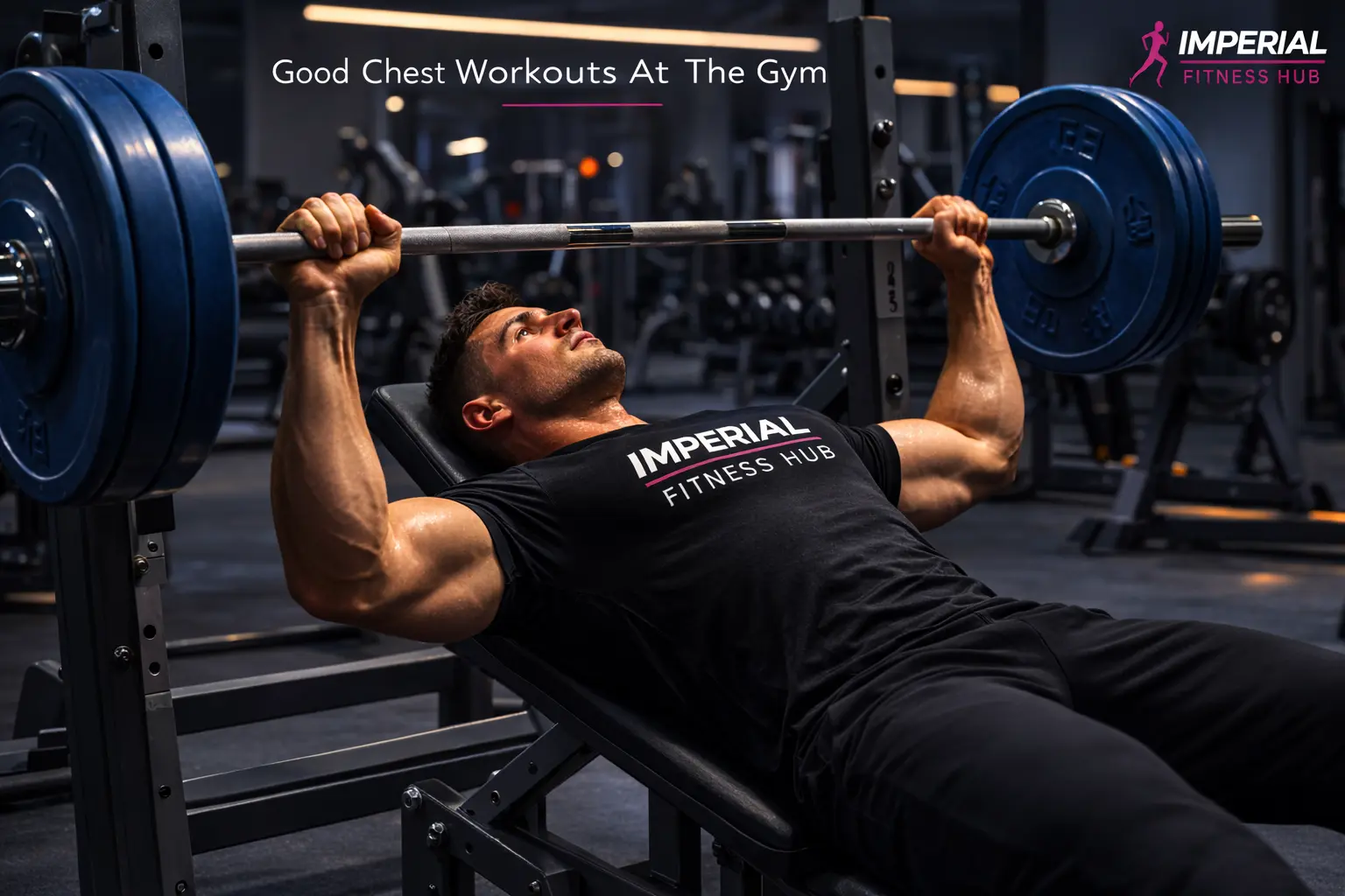 Muscular man performing a heavy barbell bench press in a modern gym with “Good Chest Workouts At The Gym” text at the top and Imperial Fitness Hub logo in the corner.
