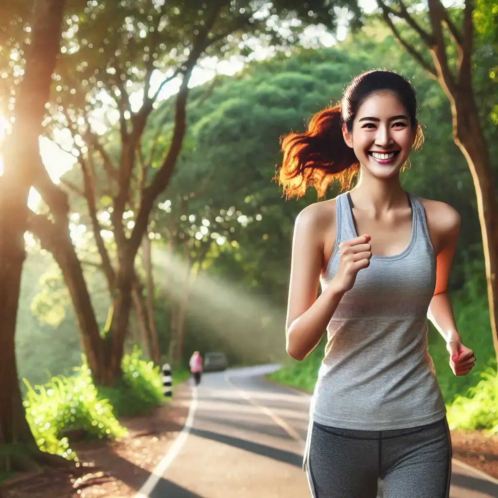 A fit and happy woman jogging on a scenic trail with sunlight filtering through the trees, showcasing an active and healthy lifestyle. This image represents fitness tips for women, emphasizing the importance of outdoor exercise for overall well-being.