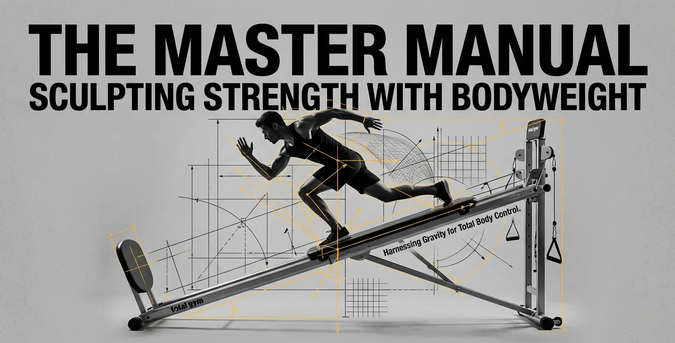 A promotional fitness banner showing an athlete sprinting on a Total Gym incline trainer with biomechanical diagrams around him, titled “The Master Manual: Sculpting Strength With Bodyweight,” illustrating effective total gym workouts for full-body strength and control.