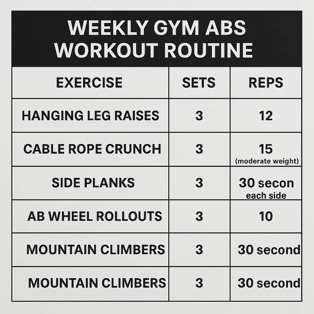Weekly abs workout gym routine chart showing sets and reps for exercises like hanging leg raises, cable rope crunches, side planks, ab wheel rollouts, and mountain climbers.