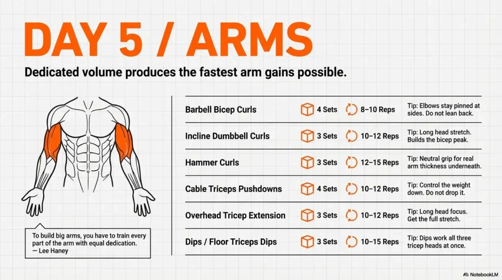 Day 5 Arms workout from a 5-day gym schedule, showing exercises for biceps and triceps including barbell curls, incline dumbbell curls, hammer curls, cable triceps pushdowns, overhead triceps extension, and dips, with sets and reps listed, alongside a diagram highlighting arm muscles.