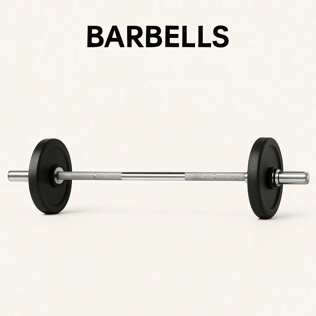 A standard Olympic barbell with knurled grip and black weight plates, featured among gym equipment names for compound strength training exercises like squats, deadlifts, and bench presses.
