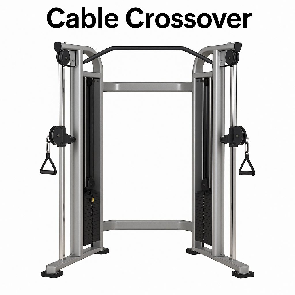 A cable crossover machine with dual adjustable pulleys and weight stacks, a versatile piece of gym equipment used for chest, shoulders, and arms, clearly labeled to help identify common gym equipment names.