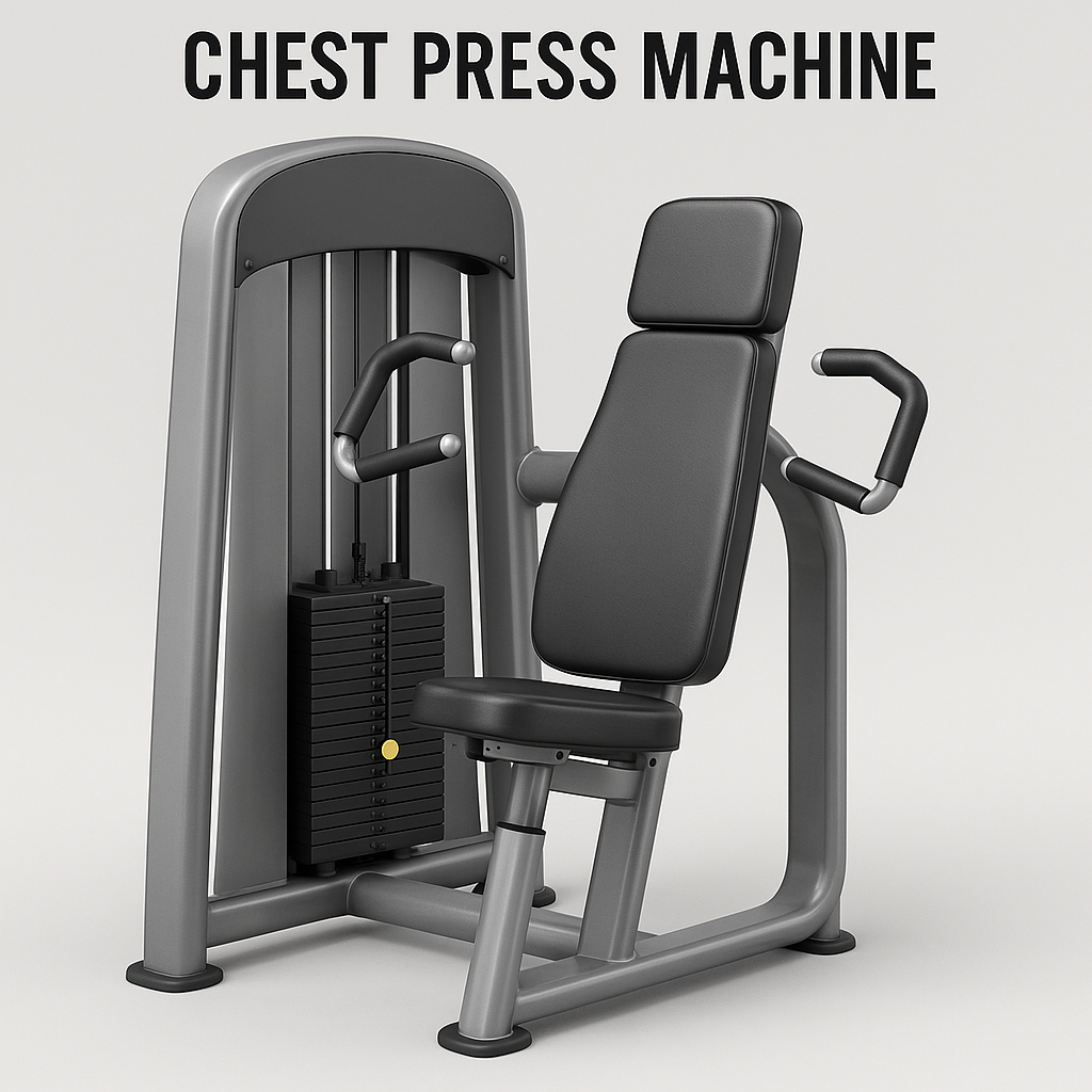A chest press machine with padded seat, upright backrest, and dual handles, illustrating one of the essential strength training gym equipment names used for building chest and upper body muscles.