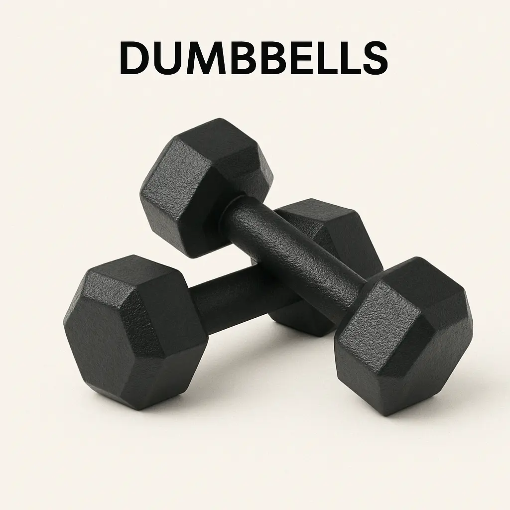 A pair of black hex dumbbells with textured handles, part of common gym equipment names used for versatile strength training and resistance exercises.