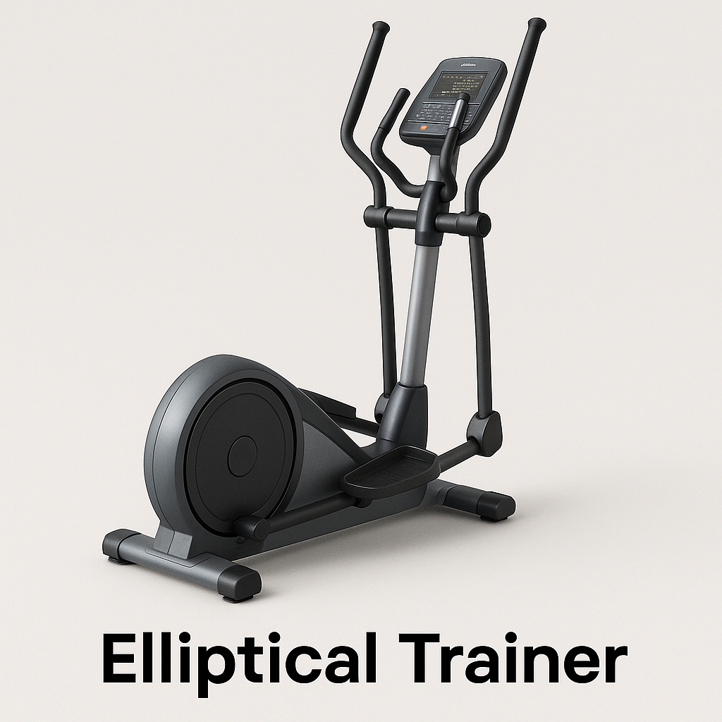 An elliptical trainer with a central flywheel, foot pedals, and moving handlebars, highlighted among cardio-focused gym equipment names for full-body, low-impact cardiovascular workouts.