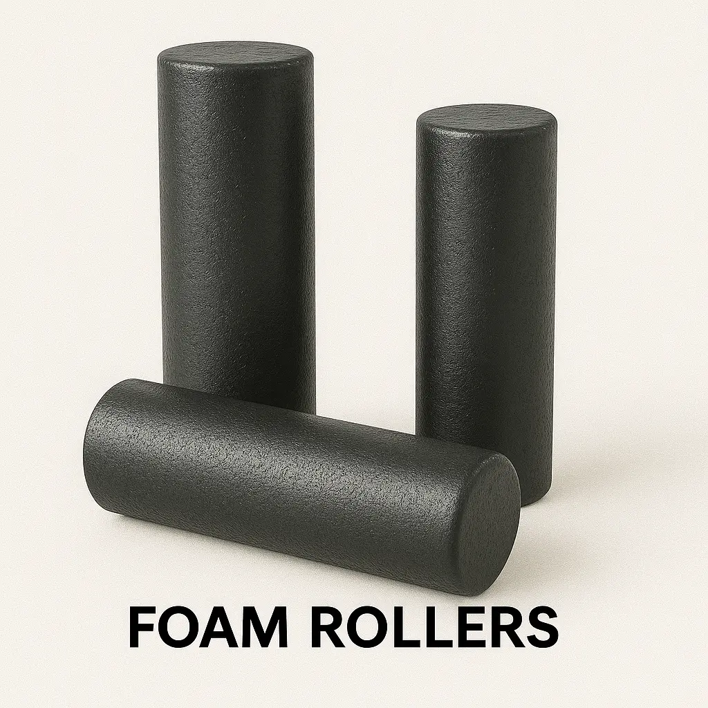 Three black foam rollers in different positions, shown under gym equipment names for flexibility and recovery, commonly used for muscle release and post-workout stretching routines.