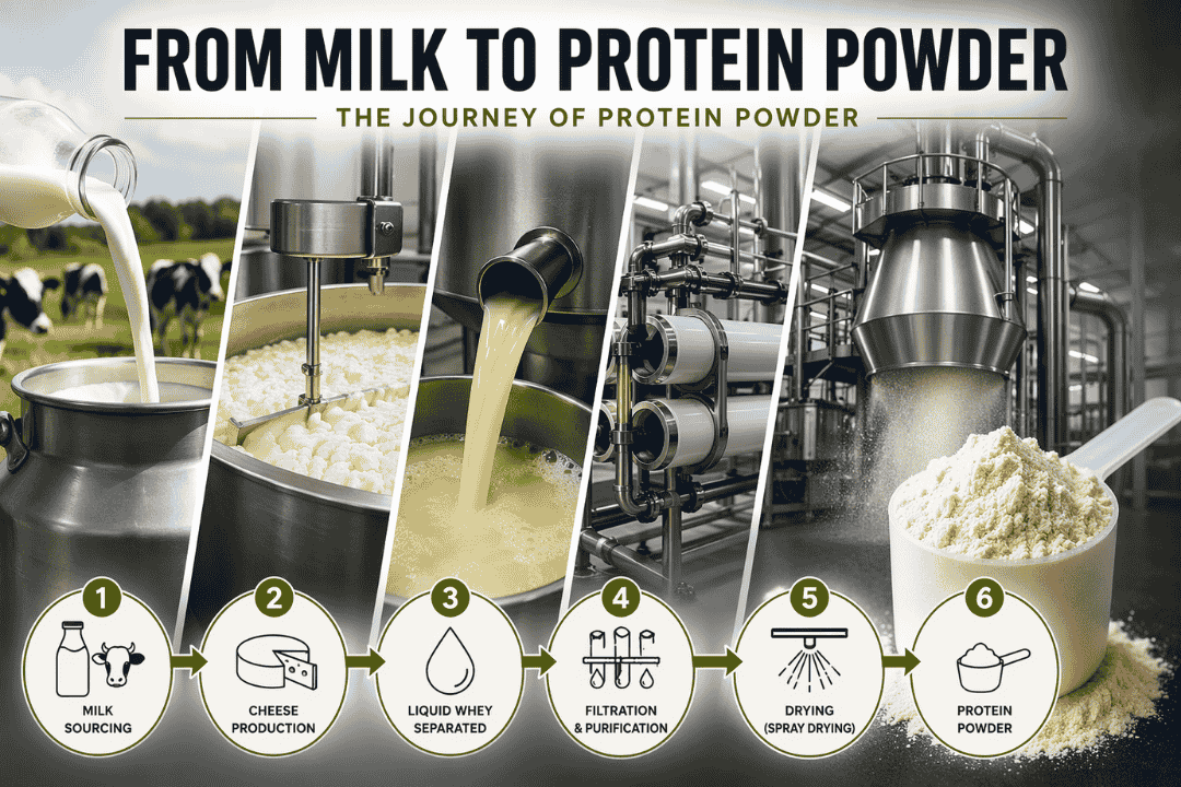 How is protein powder made Complete manuacturing process diagram: whey protein production.