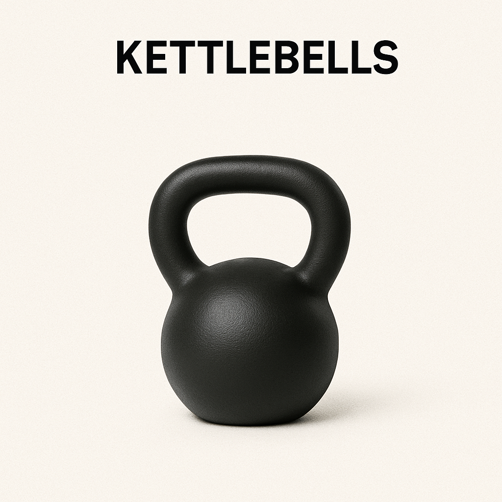A black kettlebell with a smooth cast-iron finish, listed under gym equipment names for dynamic strength exercises such as swings, snatches, and Turkish get-ups.