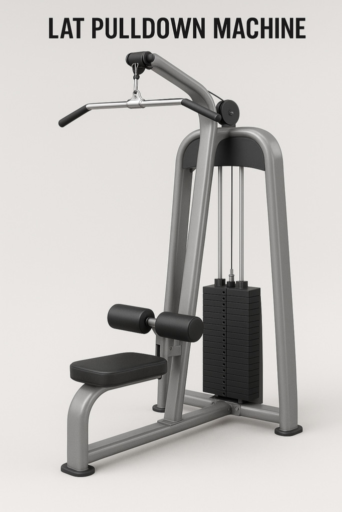 A lat pulldown machine with adjustable seat and chrome pulldown bar, clearly labeled as gym equipment used for back and biceps workouts, helping users learn and identify essential gym equipment names.