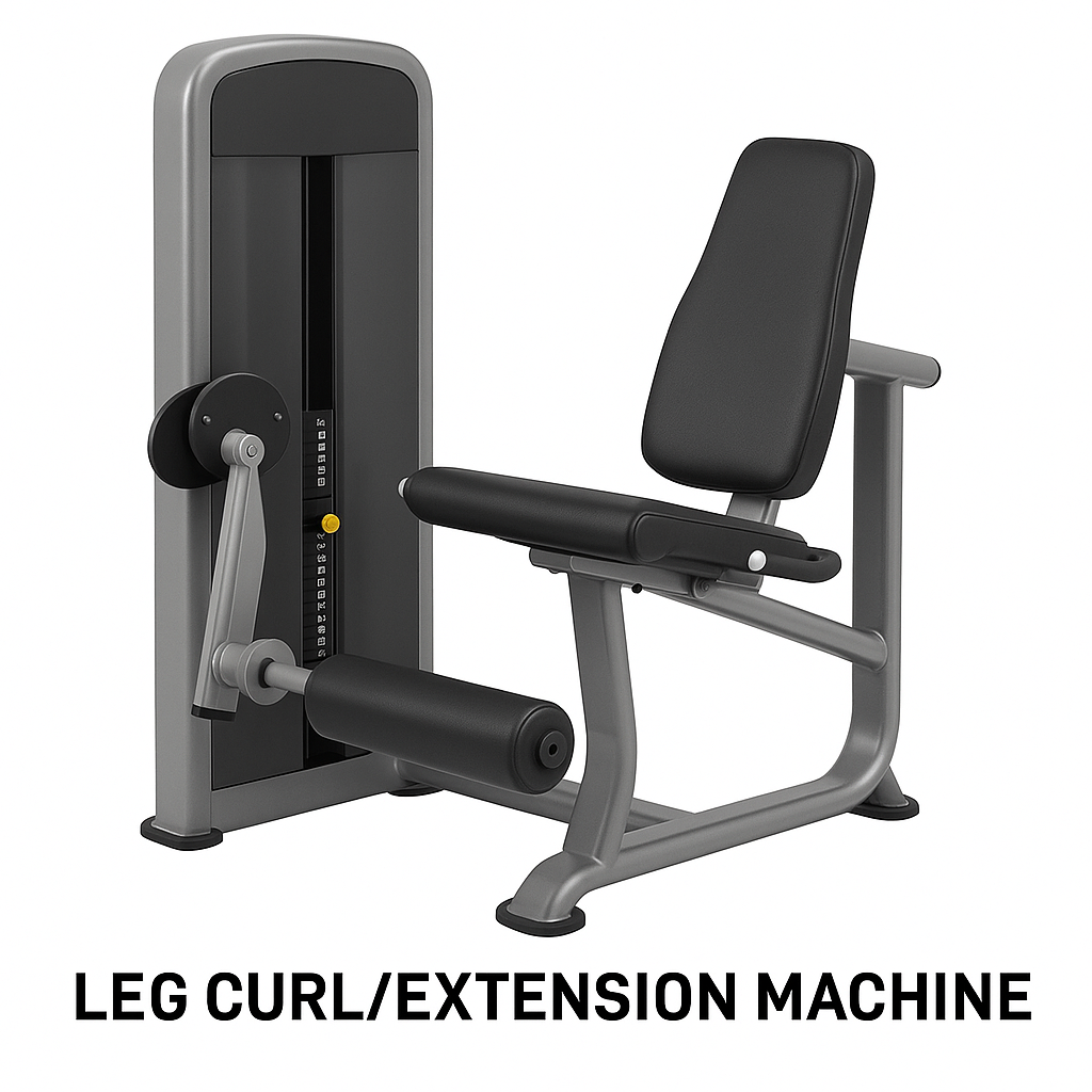A leg curl and extension machine with padded rollers and adjustable weight settings, part of essential gym equipment names for targeting quadriceps and hamstring muscles during strength training.
