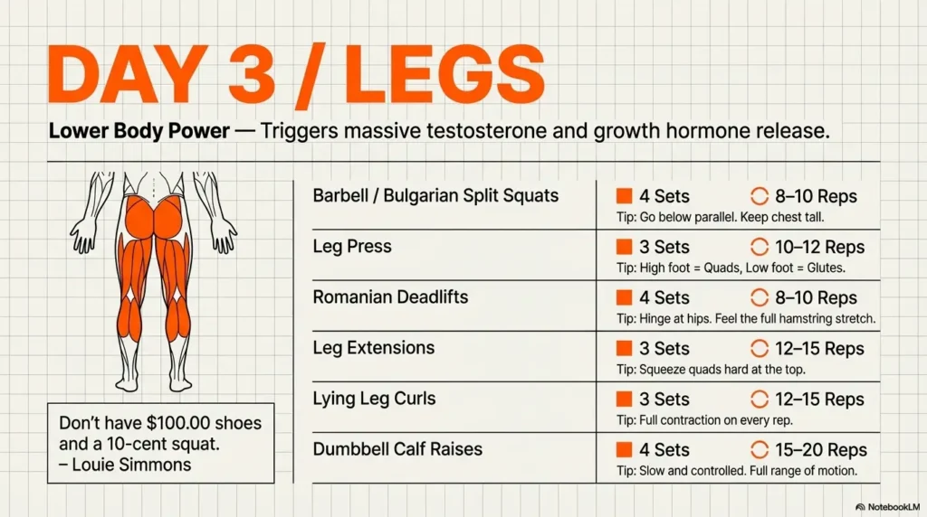 "5 Day Gym Workout Schedule – Day 3 Legs workout plan showing lower body power routine with exercises like barbell squats, leg press, Romanian deadlifts, leg extensions, lying leg curls, and calf raises, including sets and reps, with a muscle diagram highlighting legs.
