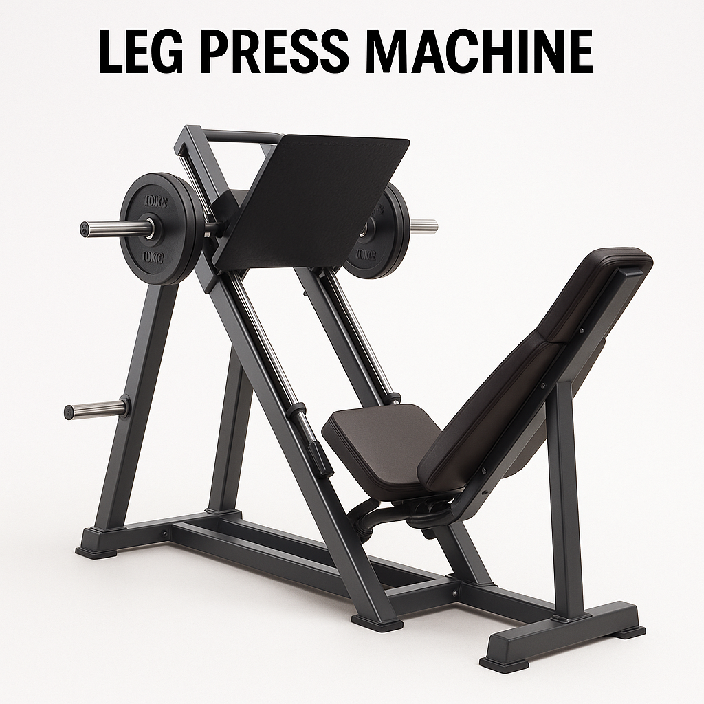 A leg press machine with padded seat and large footplate designed for lower body workouts, demonstrating a key piece of strength training gym equipment; ideal example for learning gym equipment names.