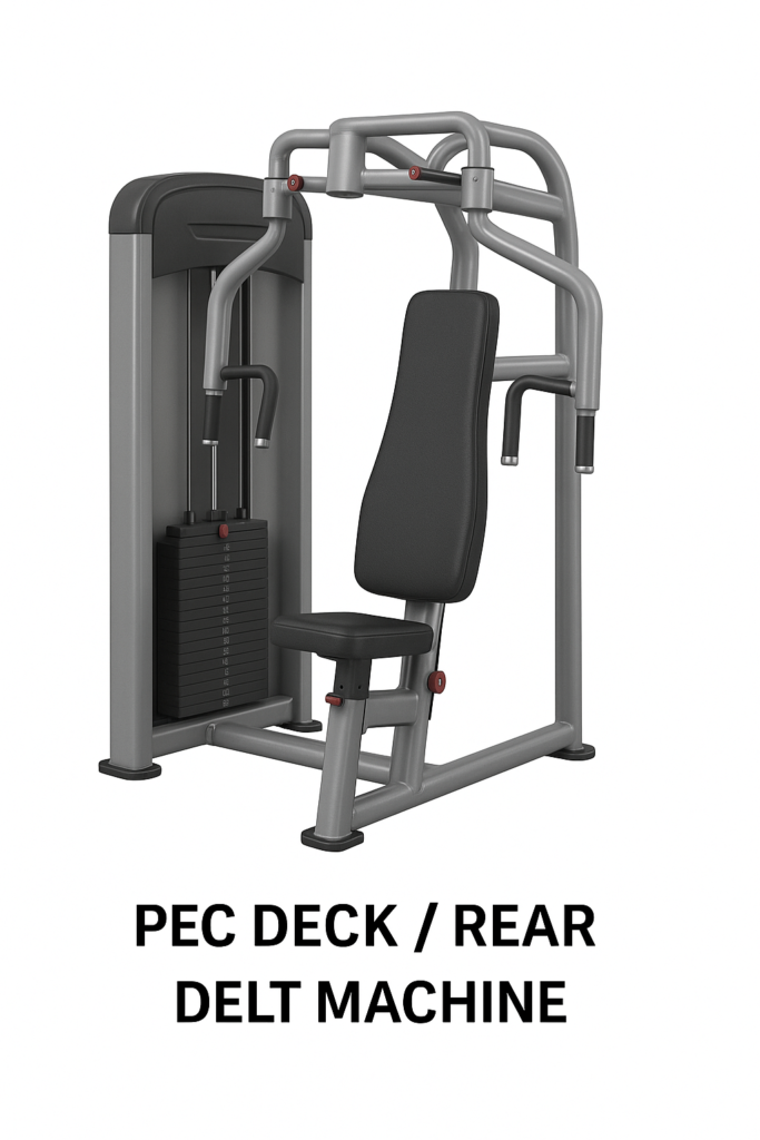 A Pec Deck / Rear Delt Machine with padded seat, dual lever arms, and adjustable weight stack, featured among gym equipment names for targeting chest and rear shoulder muscle groups effectively.