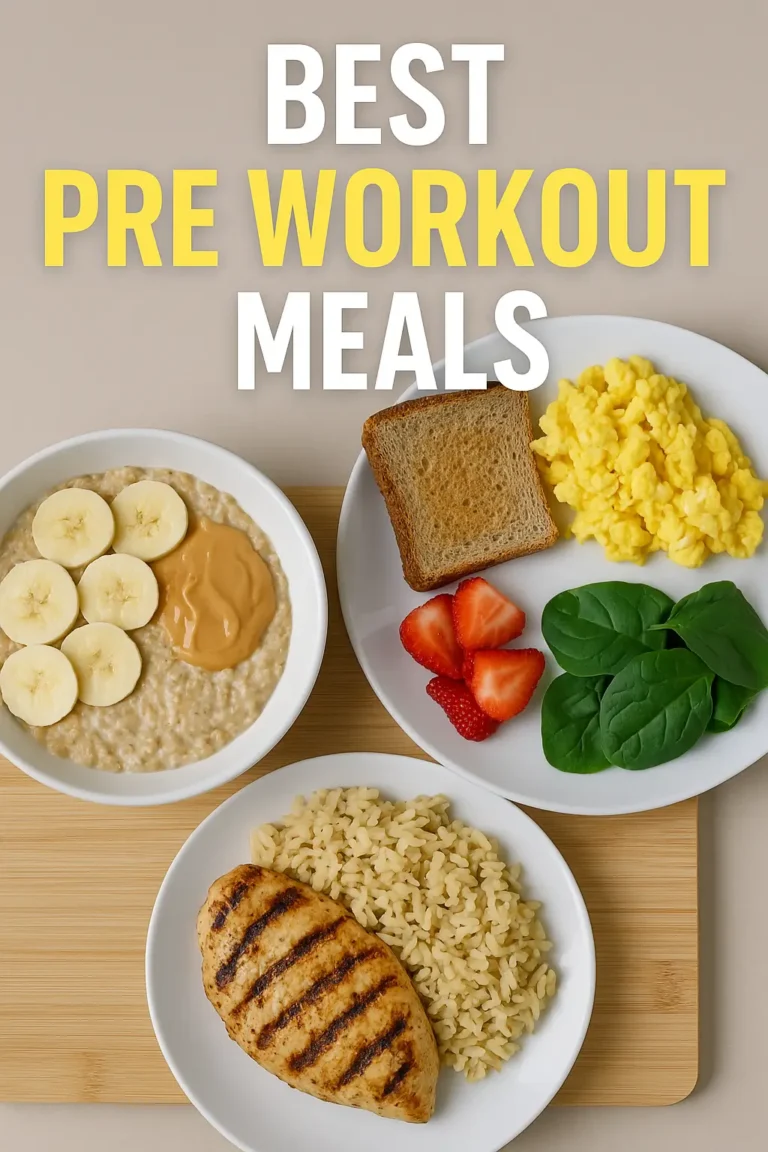 image showing best pre workout meals including oatmeal with banana, scrambled eggs with toast, and grilled chicken with rice, with text overlay “BEST PRE WORKOUT MEALS”.,Pre Workout Meal