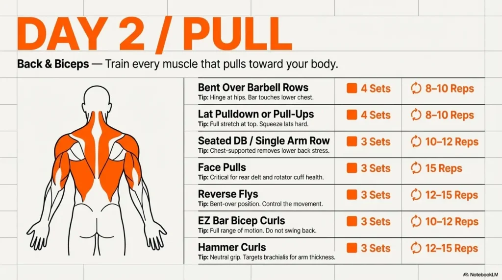 5 Day Gym Workout Schedule – Day 2 Pull workout plan showing back and biceps exercises including rows, lat pulldown, curls, and reps/sets with highlighted upper body muscles.