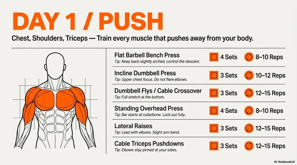 5 Day Gym Workout Schedule – Day 1 Push workout plan showing chest.