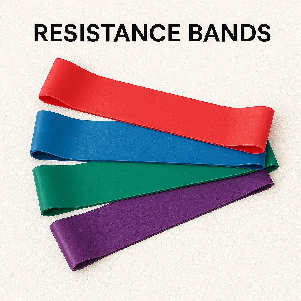 Four colorful resistance bands in red, blue, green, and purple, categorized under gym equipment names for flexibility, rehabilitation, and strength training exercises.