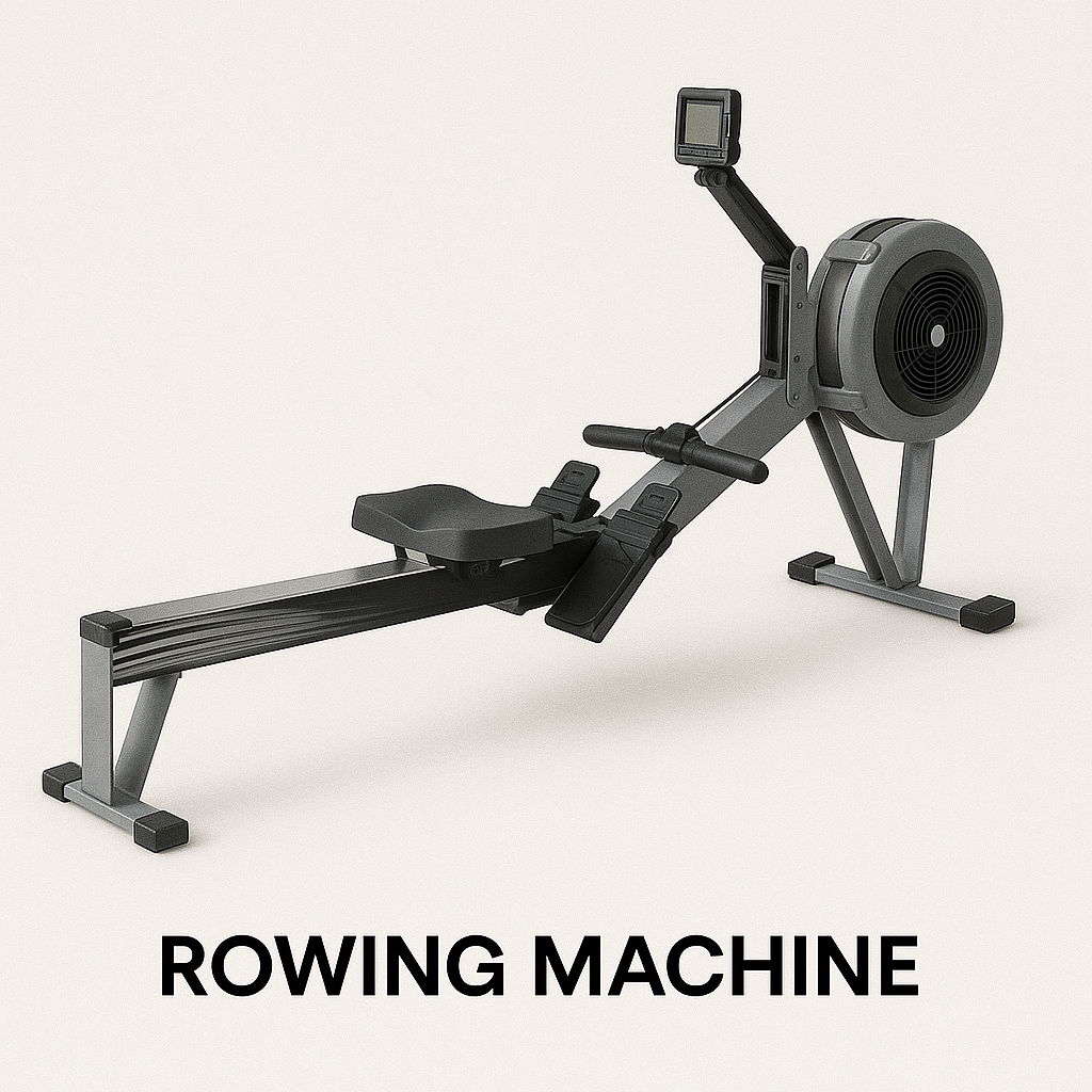 A rowing machine with a padded seat, adjustable footplates, and performance monitor, featured under gym equipment names for full-body cardio workouts and endurance training.