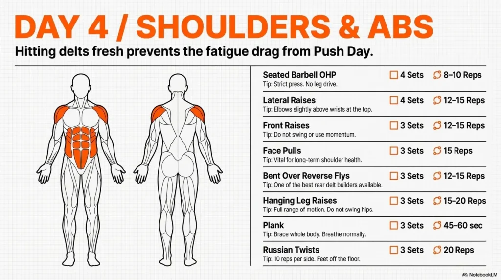 5 Day Gym Workout Schedule – Day 4 Shoulders & Abs workout plan showing exercises like seated barbell overhead press, lateral raises, front raises, face pulls, bent over reverse flys, hanging leg raises, plank, and Russian twists, with sets and reps, alongside front and back muscle diagrams highlighting shoulders and abdominal muscles.