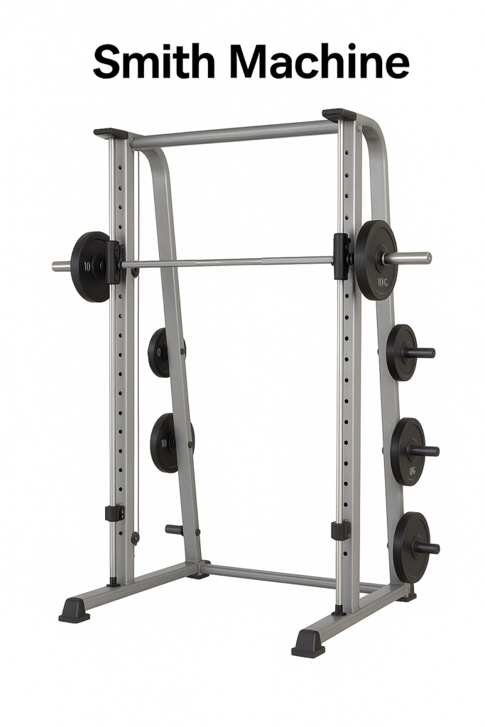 A Smith machine with fixed barbell and vertical guide rails, part of the essential strength training gym equipment names, used for controlled squats, bench presses, and shoulder exercises.