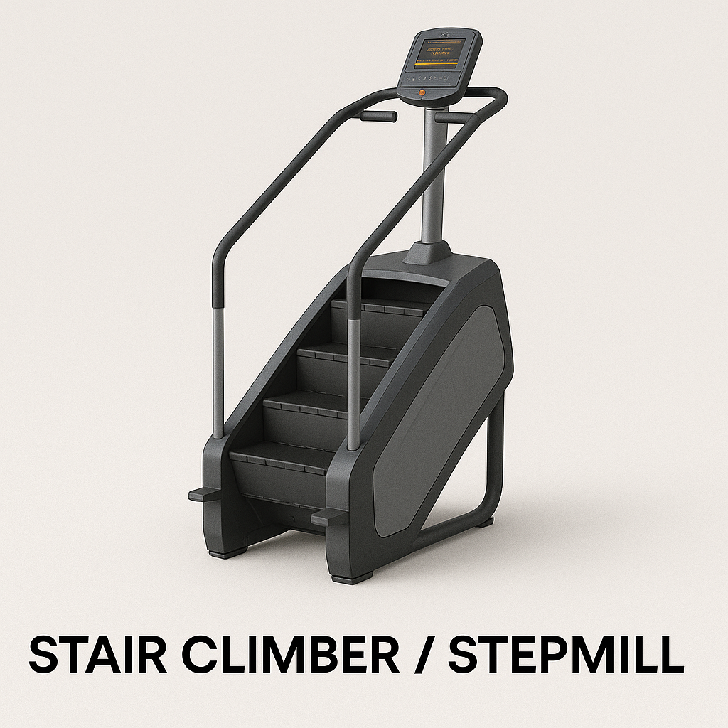 A Stair Climber / StepMill with rotating steps, side rail handles, and a digital console, featured in gym equipment names as a cardio machine for lower body toning and endurance training.