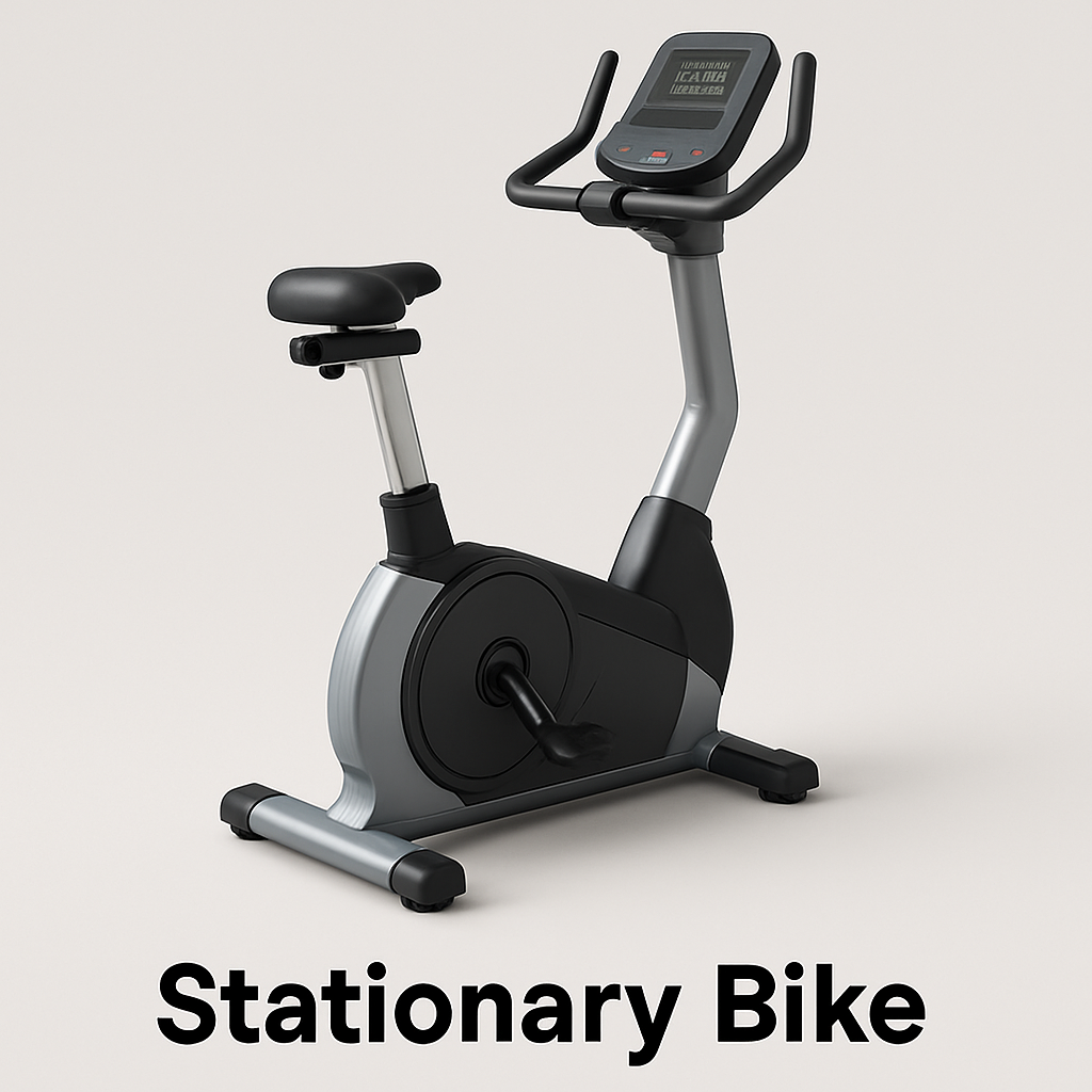 A stationary bike with ergonomic handlebars, adjustable seat, and built-in digital display, shown as part of gym equipment names commonly used for low-impact cardio and endurance training.