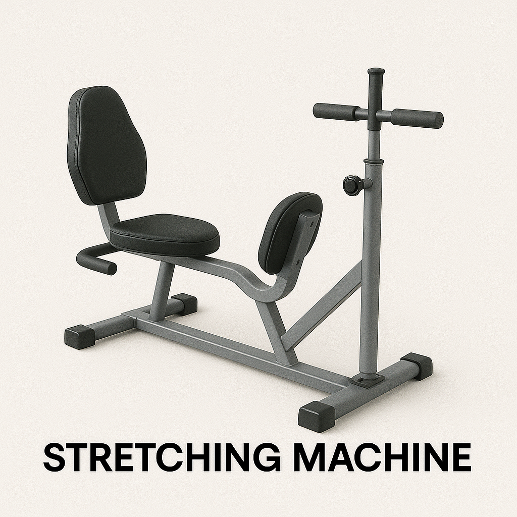 A stretching machine with a padded seat, leg supports, and adjustable handlebar, commonly found in gym equipment names for enhancing flexibility and performing lower-body stretches safely.