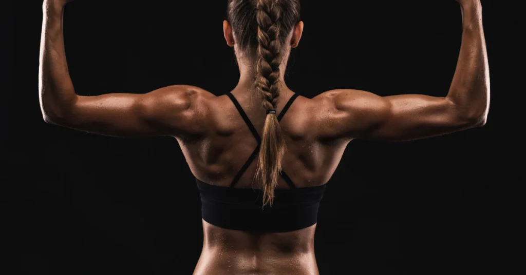 Fit woman showing a strong, muscular back with arms flexed, symbolizing strength and muscle development from back exercises like bent over dumbbell rows.