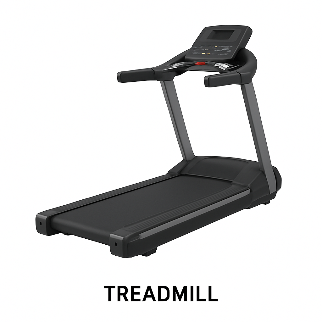 A treadmill with a wide running deck, incline adjustment, and digital console, categorized under cardio gym equipment names, ideal for walking, jogging, and high-intensity running workouts.