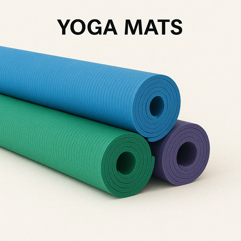 Three rolled yoga mats in blue, green, and purple, shown under gym equipment names for floor exercises, stretching, and low-impact workouts like yoga and Pilates.