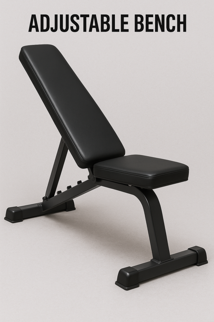 An adjustable weight bench with a padded backrest and seat on a black metal frame, listed under gym equipment names for supporting various incline, flat, and decline strength training exercises.