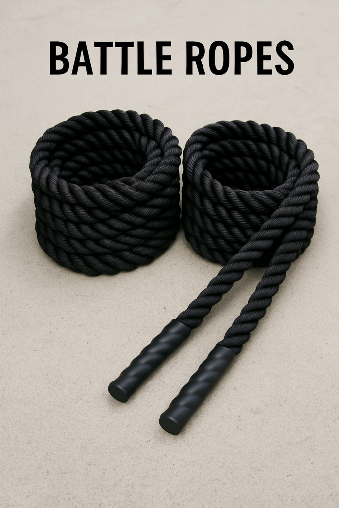 A pair of thick black battle ropes coiled on a concrete floor with rubber handles, categorized under gym equipment names for high-intensity strength and cardio conditioning exercises.