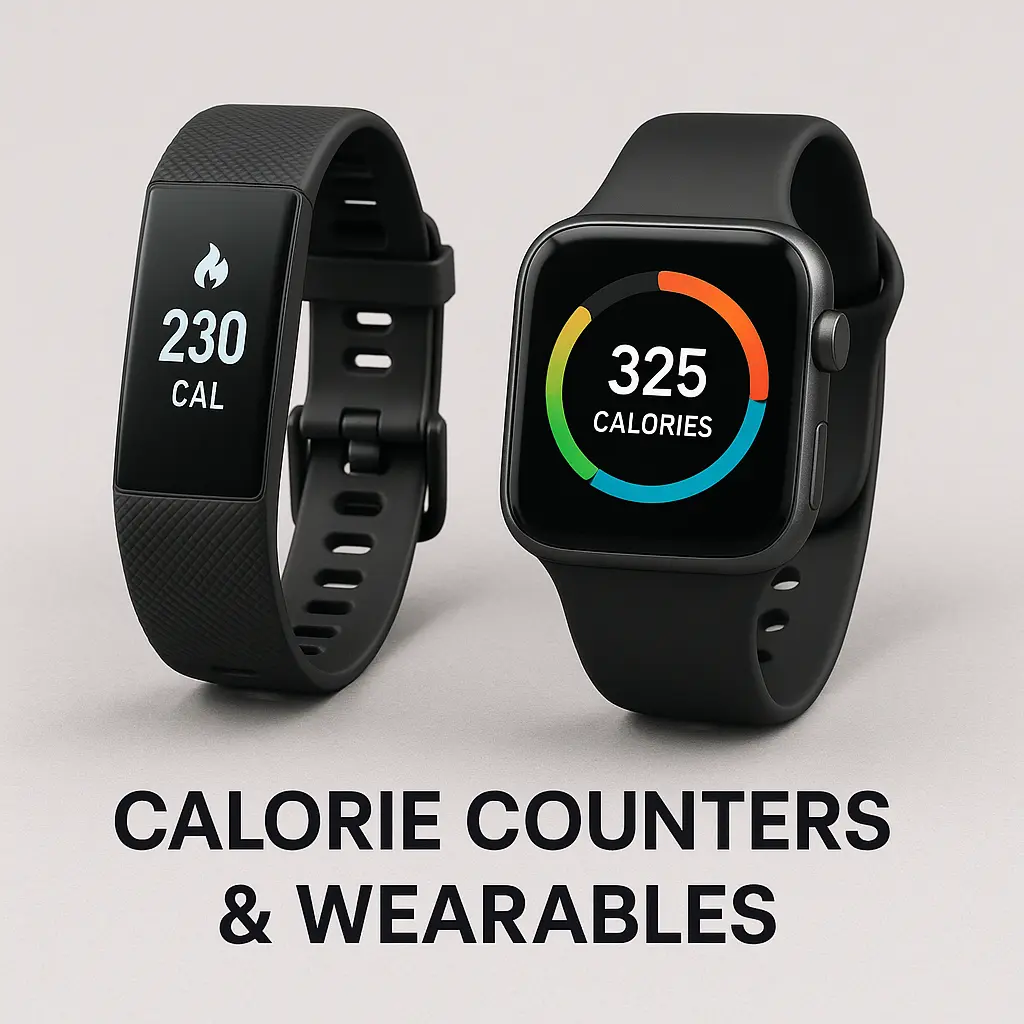 Two wearable fitness devices including a tracker and smartwatch, both displaying calories burned, listed in gym equipment names for monitoring activity, energy expenditure, and workout performance.
