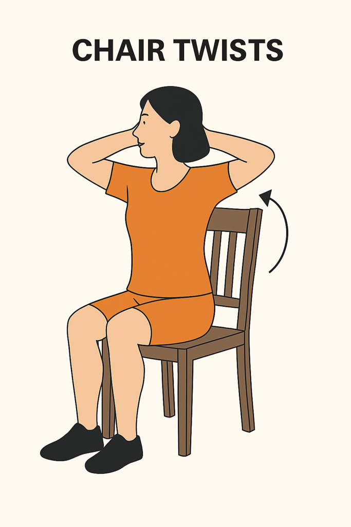 Illustration of a woman doing chair twists as part of chair exercises for belly fat, seated upright on a wooden chair with hands behind her head, rotating her torso to engage the oblique muscles. The text "CHAIR TWISTS" appears above to label the belly fat-reducing move.