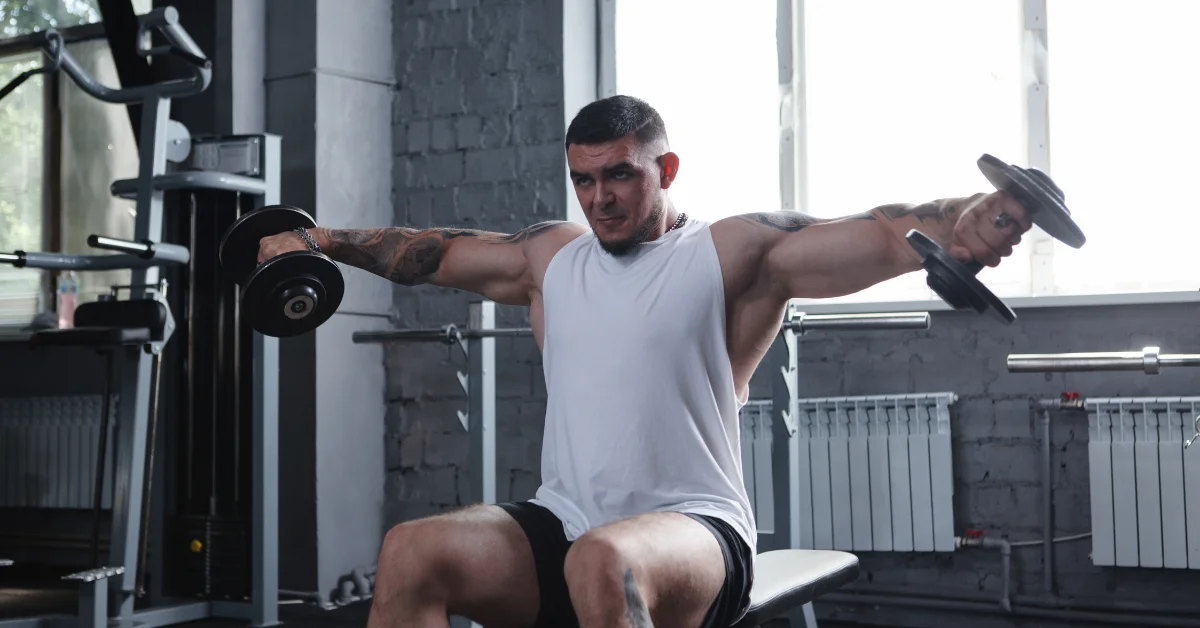 A muscular man performing a Dumbbell Lateral Raise while seated on a gym bench. This exercise, known for targeting the lateral deltoids, is a variation of seated-dumbbell-lateral-raise and complements other movements like one-arm-lateral-raise, incline-lateral-raise, and cable-lateral-raise for complete shoulder development.