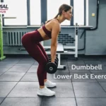 Woman performing a Romanian deadlift in a gym demonstrating proper form for dumbbell lower back exercises with Imperial Fitness Hub logo.