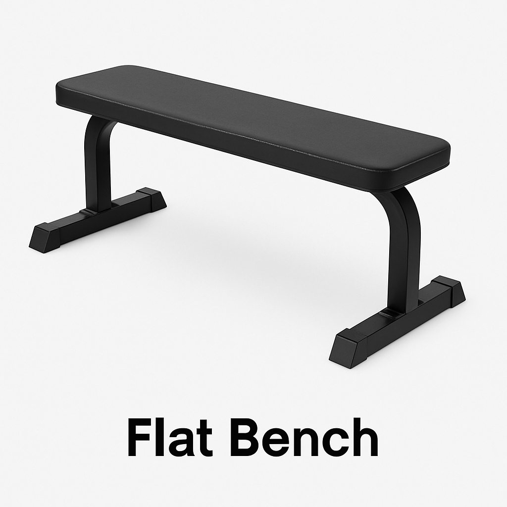 A flat bench with a sturdy black metal frame and cushioned top, included in gym equipment names for performing bench presses, dumbbell rows, and other foundational strength exercises.