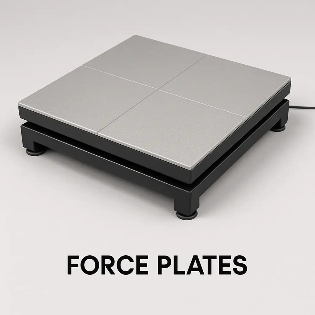 A square force plate with intersecting lines and a sturdy metal base, featured under gym equipment names for measuring ground reaction forces, power output, and balance during performance testing.