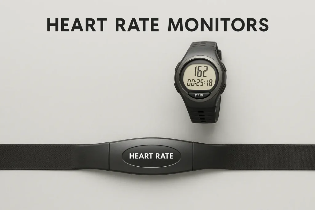 A heart rate monitor system including a wristwatch receiver with digital display and a black chest strap sensor, listed in gym equipment names for tracking workout intensity and cardiovascular performance.