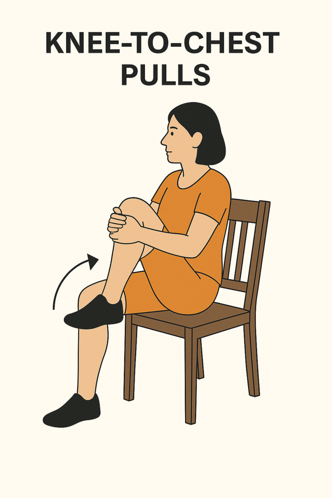 Illustration of a woman performing knee-to-chest pulls as part of chair exercises for belly fat, sitting on a wooden chair and pulling one knee toward her chest to engage the core muscles. The text "KNEE-TO-CHEST PULLS" appears above to highlight this effective seated belly fat workout.