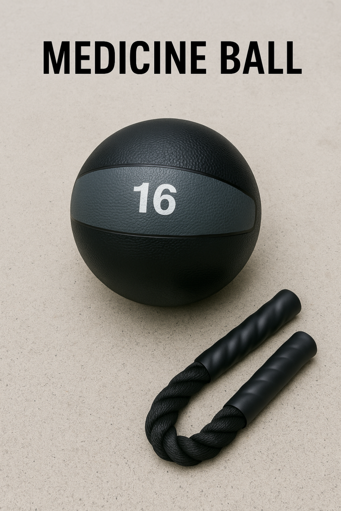 A black medicine ball with a gray grip band and weight number printed on it, highlighted among gym equipment names for core training, explosive strength drills, and functional fitness workouts.