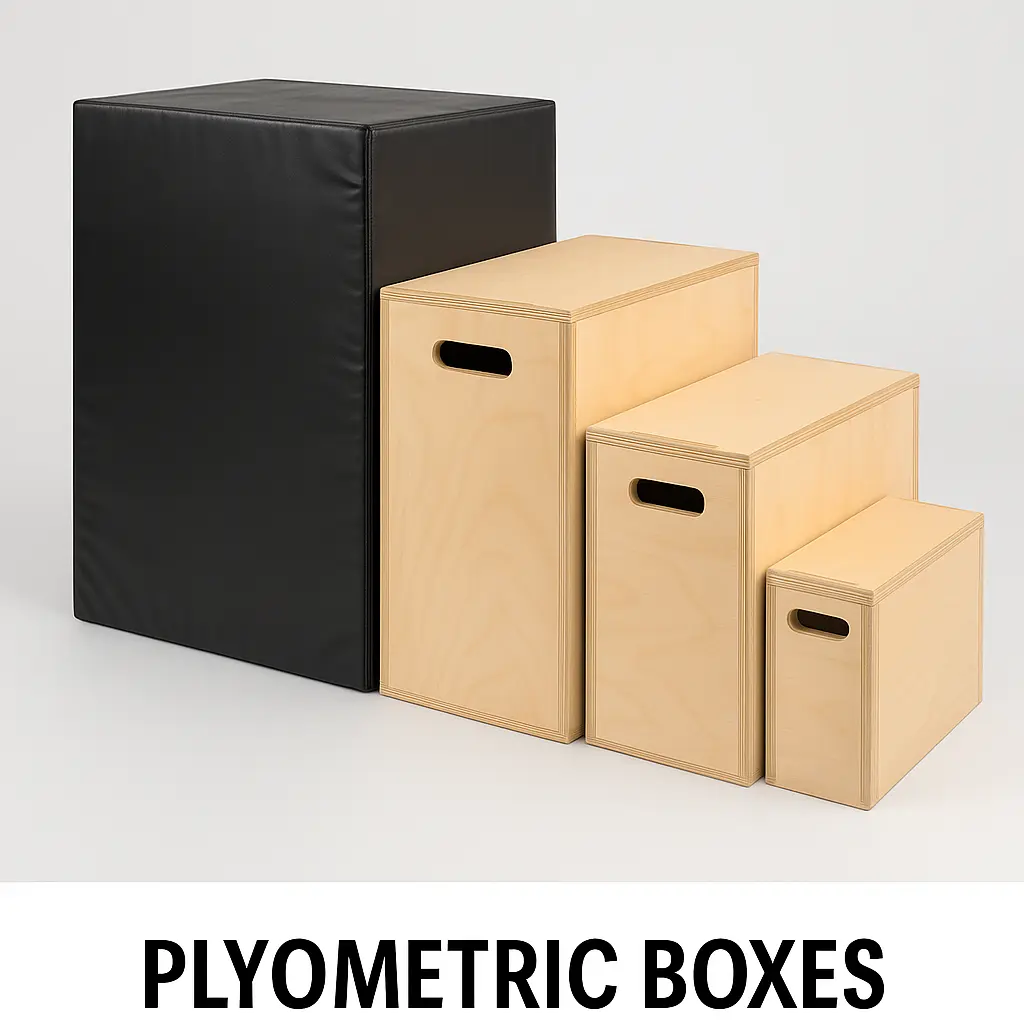 A set of plyometric boxes in various heights, including padded and wooden styles, featured in gym equipment names for explosive jump training, agility drills, and lower body power development.