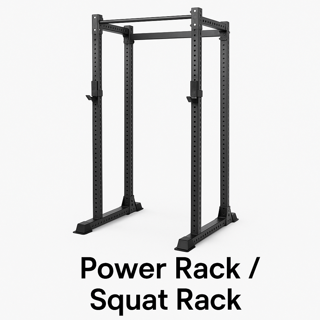 A power rack or squat rack with a steel frame, numbered holes, and a built-in pull-up bar, shown under gym equipment names for safe and adjustable strength training exercises like squats, presses, and deadlifts.