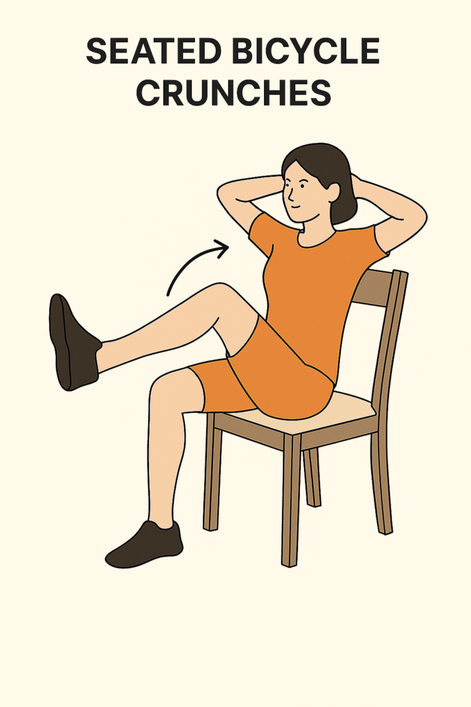 Woman doing seated bicycle crunches for belly fat on a wooden chair, demonstrating an effective core-strengthening chair exercise for belly fat in a simple workout outfit.
