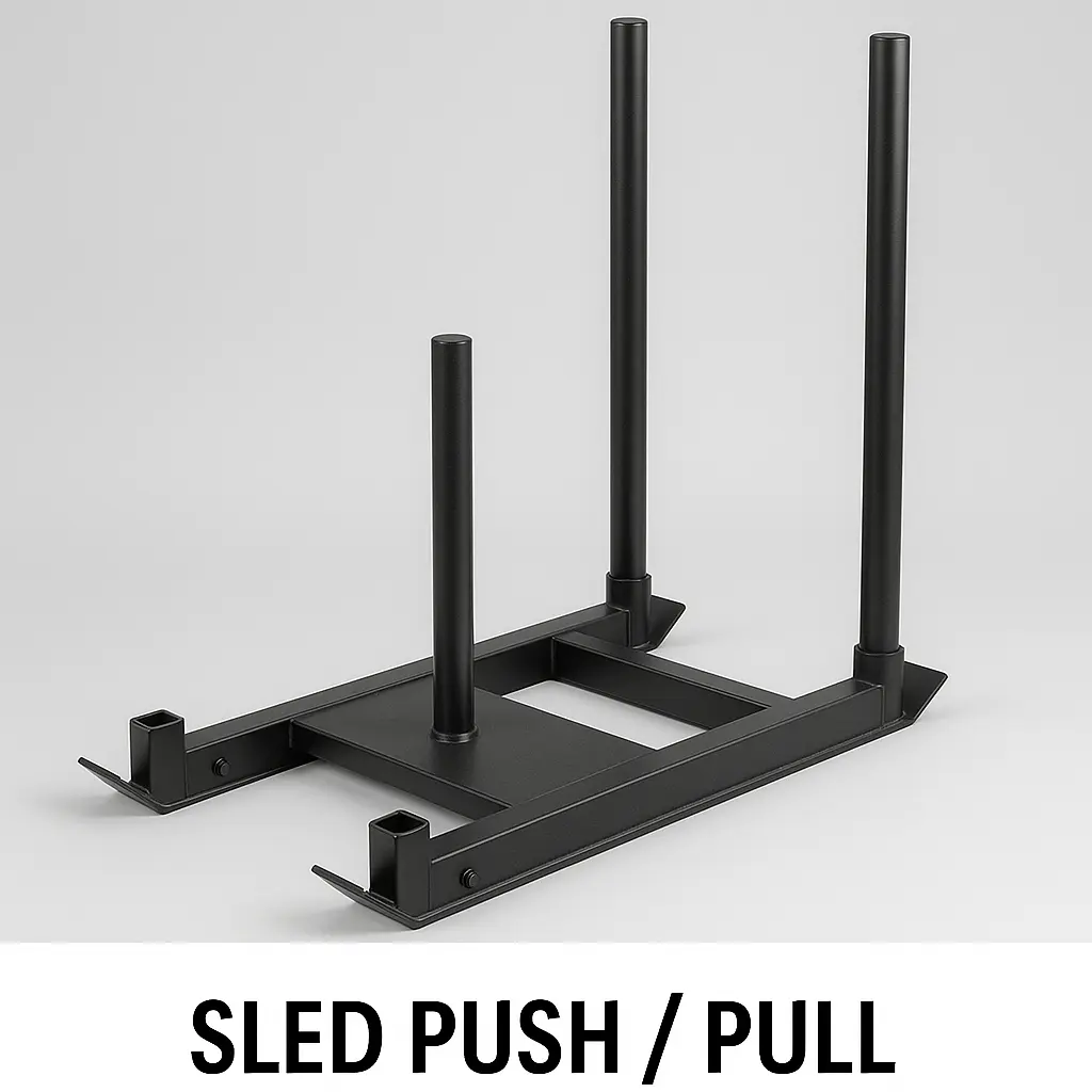 A sled push/pull machine with vertical handles and a center weight post, featured in gym equipment names for functional training focused on strength, endurance, and full-body conditioning.
